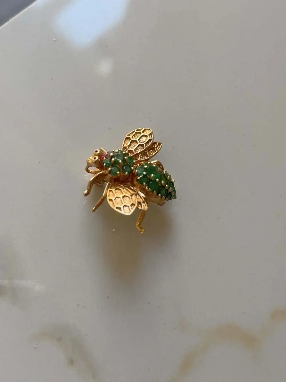 14K Yellow Gold Emerald and Ruby Bee Brooch Large Bee Brooch/pin